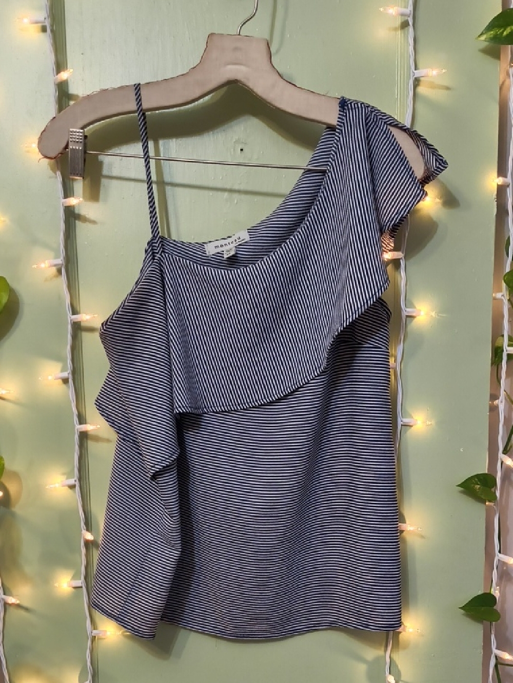 Women's Monteau Navy White Skinny Striped Asymmetrical Ruffle Blouse Tank M